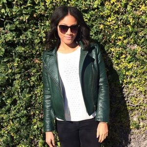 Dark green faux leather moto jacket.