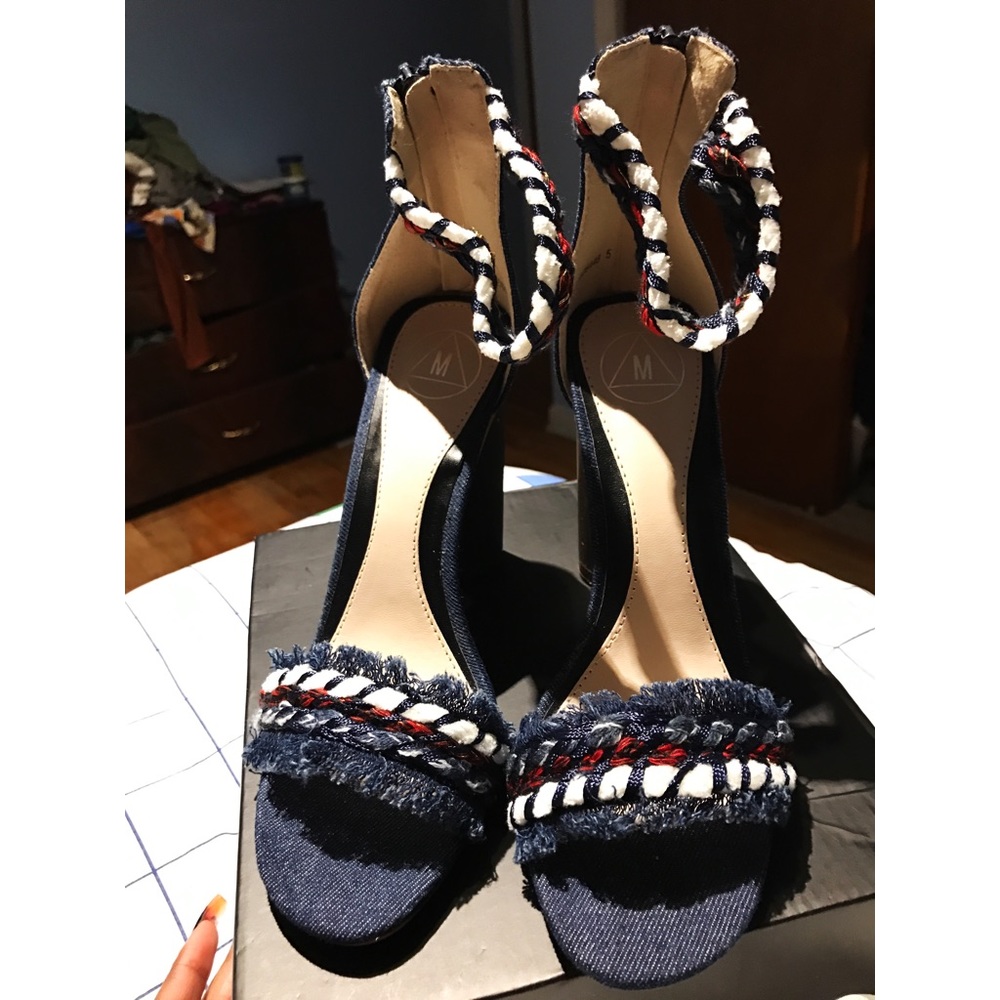 Blue Frayed Denim Vamp Block Heel Sandals