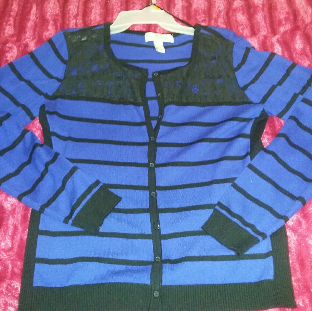 Blue Striped Cardigan with Lace Trim
