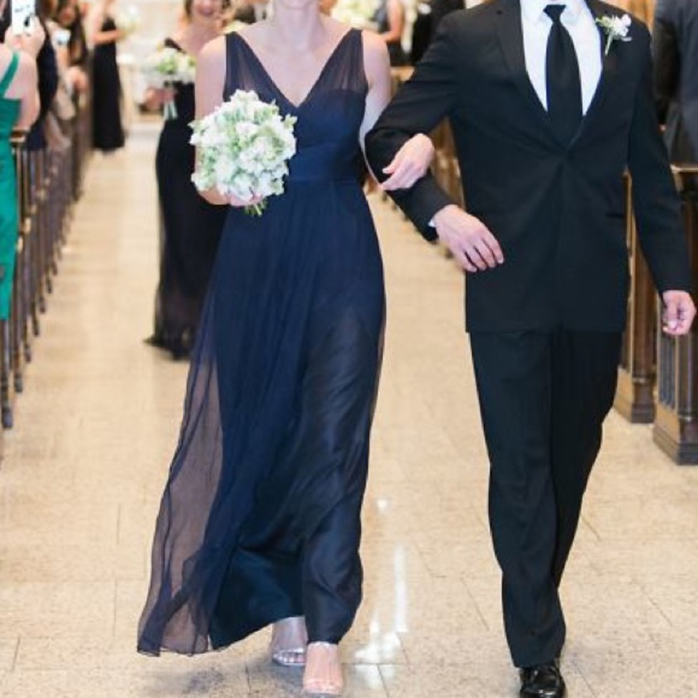 Amsale Navy V-neck Crinkle Chiffon Gown (G783C)