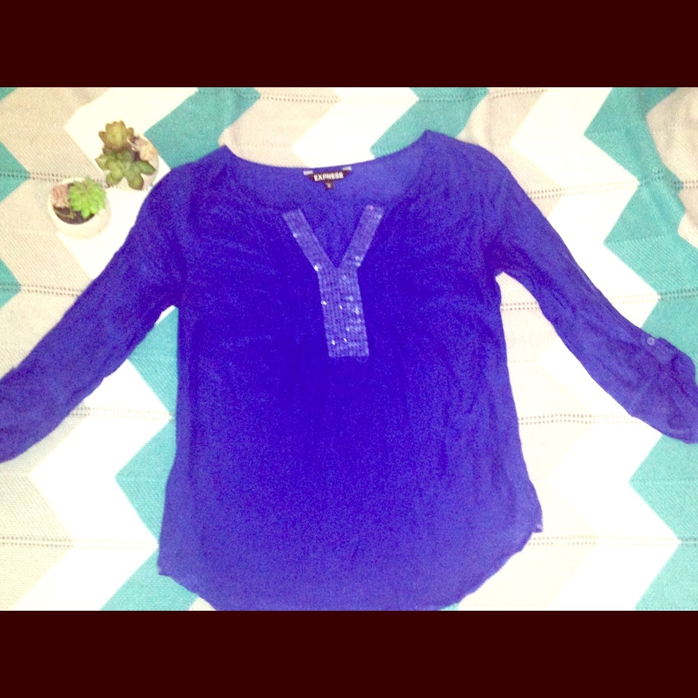 Express linen blouse/royal blue/sequin neck detail