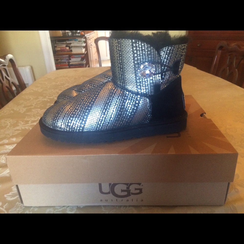 Authentic Ugg Mini Bailey Bling Black  Silver Boot