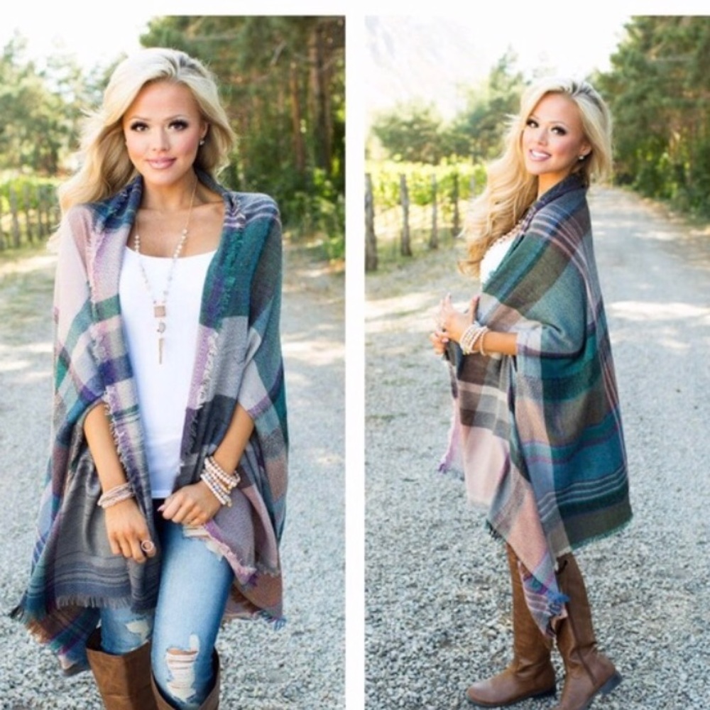 Plaid fringe poncho with arm holes