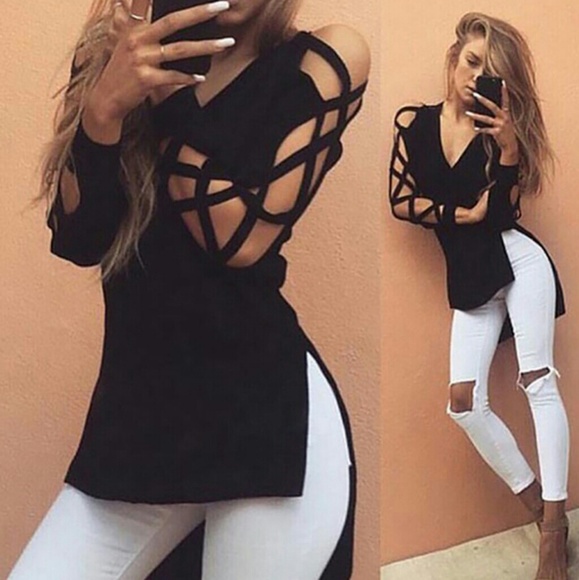 Tops - Black Web Sleeve Top