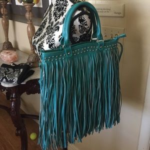 Turquoise leather fringe bag w/shoulder strap