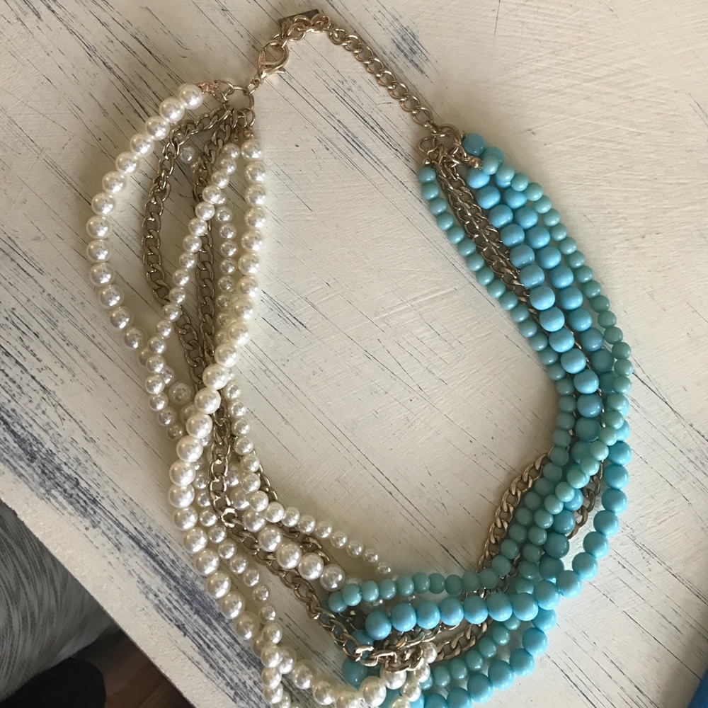 Gorgeous teal, gold, and faux pearl necklace