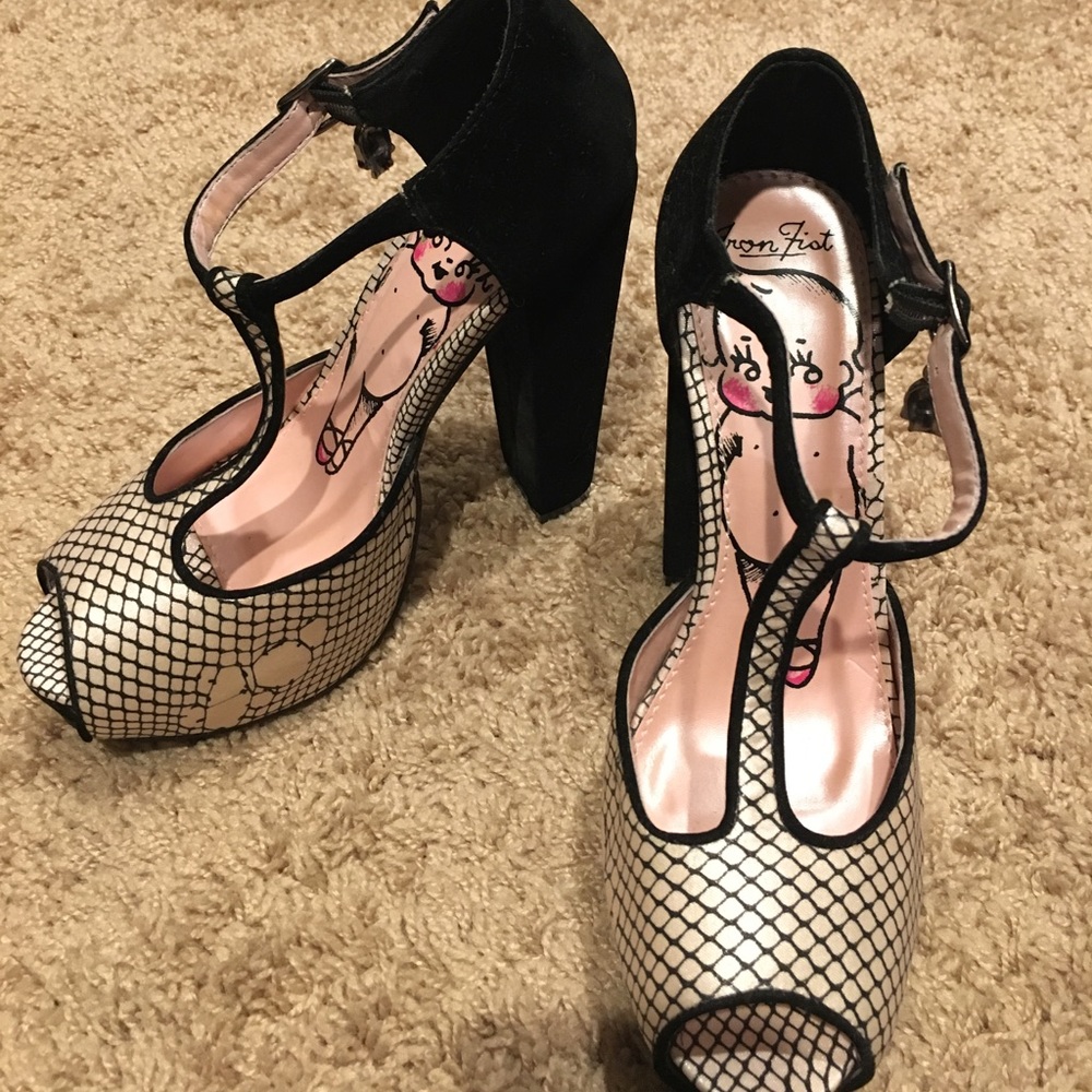 Gorgeous iron fist fishnet t-strap velvet heels