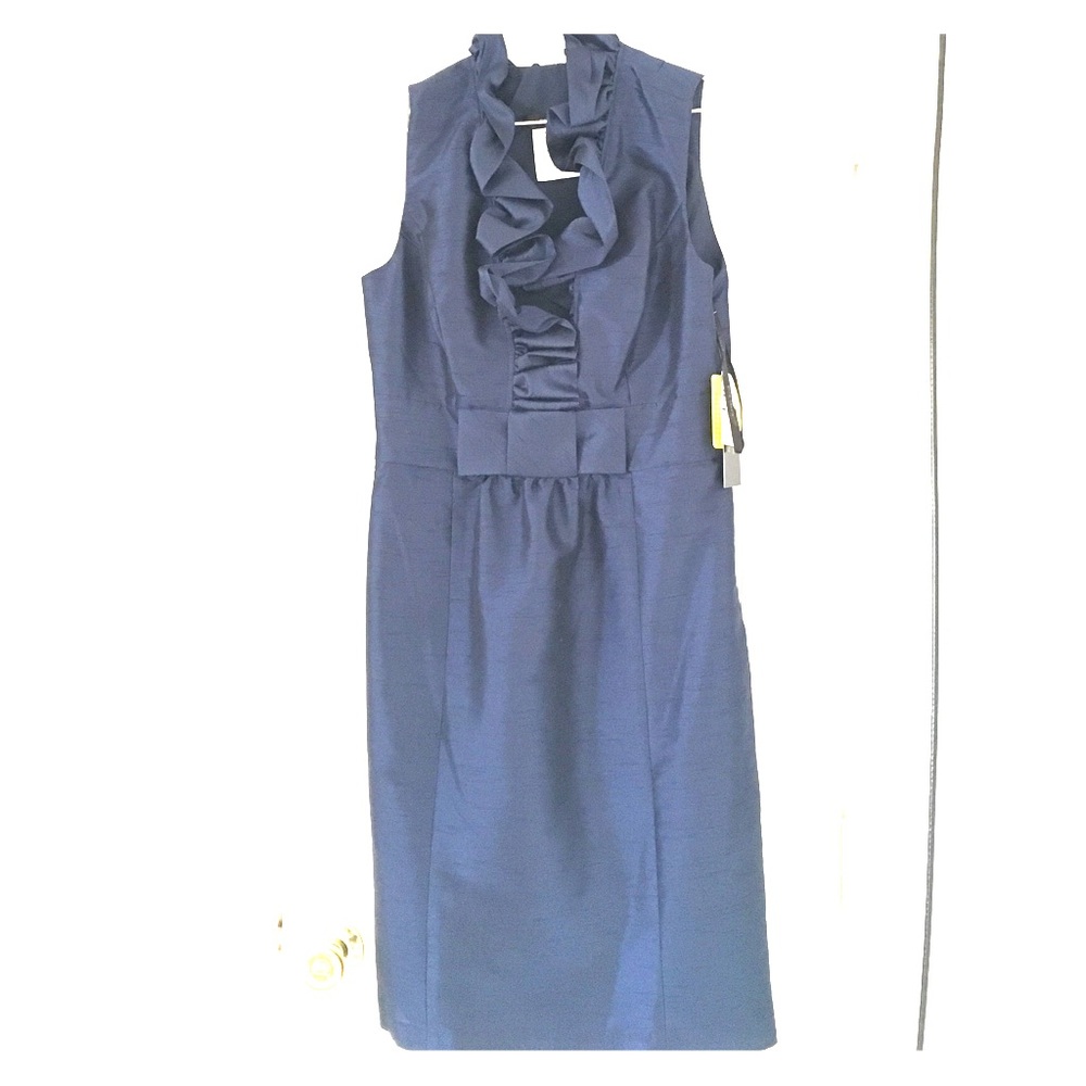 Alfred Sung Navy Dupioni Ruffle Neck Dress