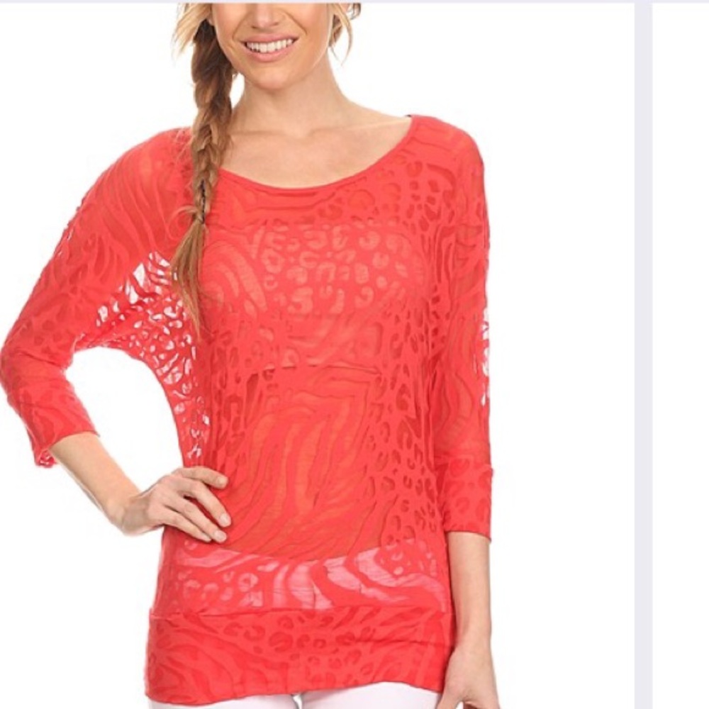 Ambiance Apparel Coral Zebra scoop neck top
