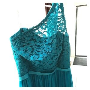 One shoulder long lace dress Davids Bridal