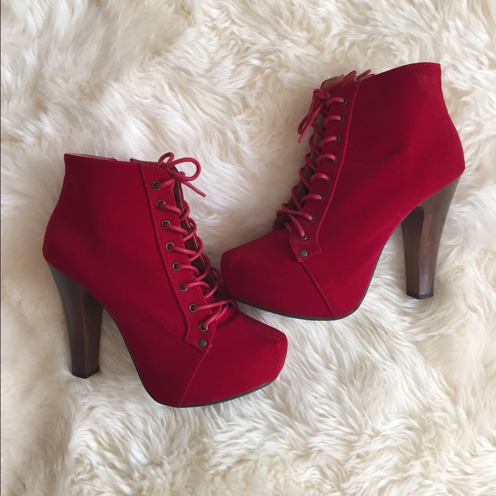 Red lace up booties, chunky heels, size 7.