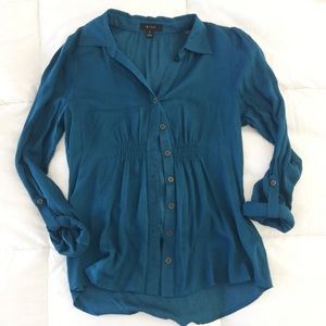 Never Worn! Teal Button Up w/ Ruching slight hi-lo