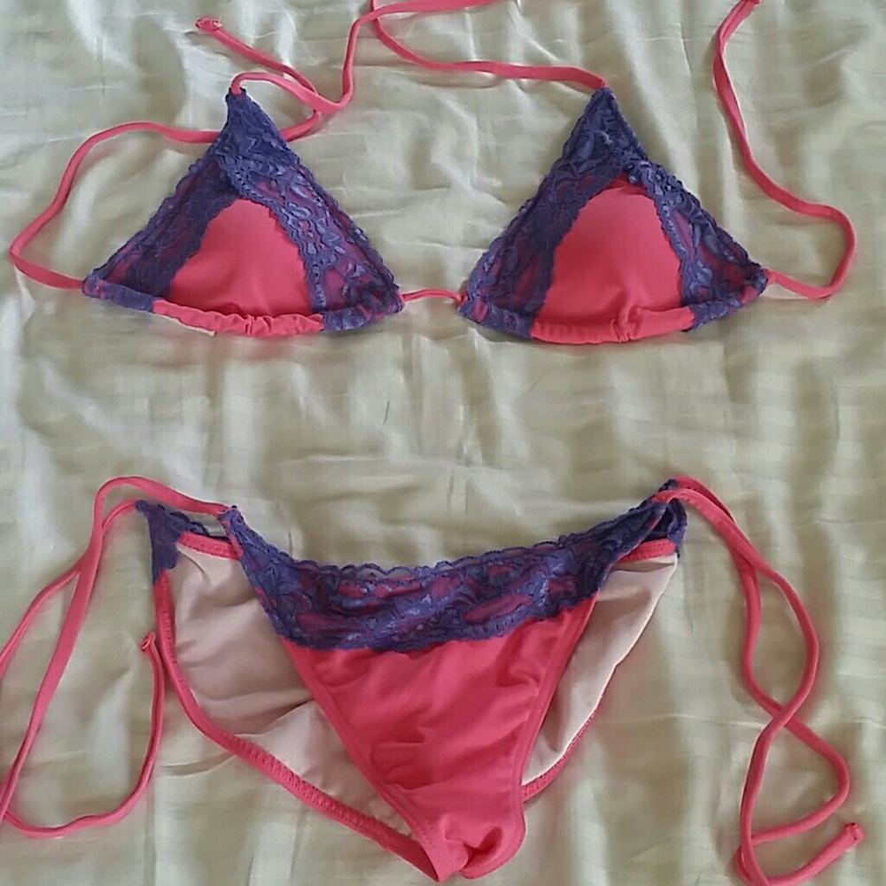 Hot pink purple lace trim bikini size m/l