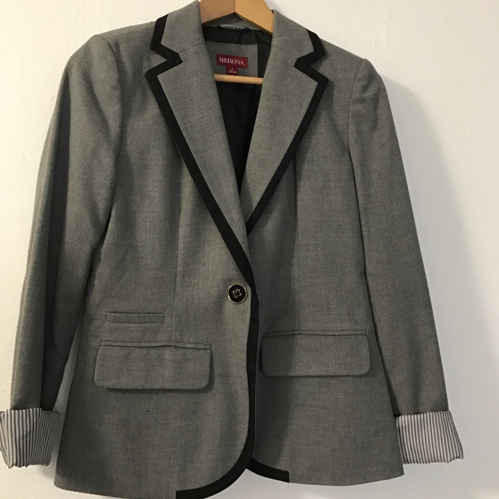 Grey blazer with black trim, Size 2
