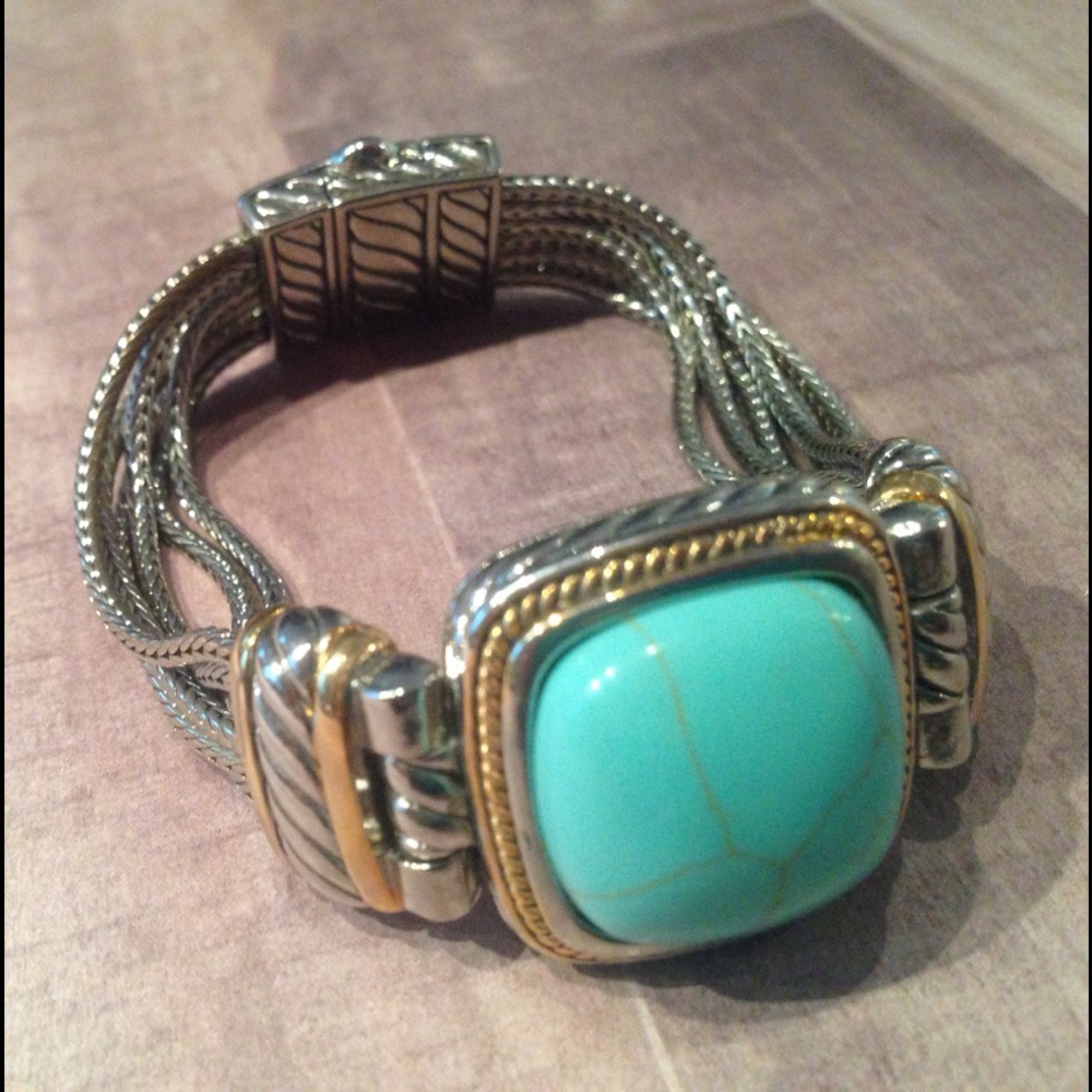 Silver Bracelet Turquoise Rock Gold Trim