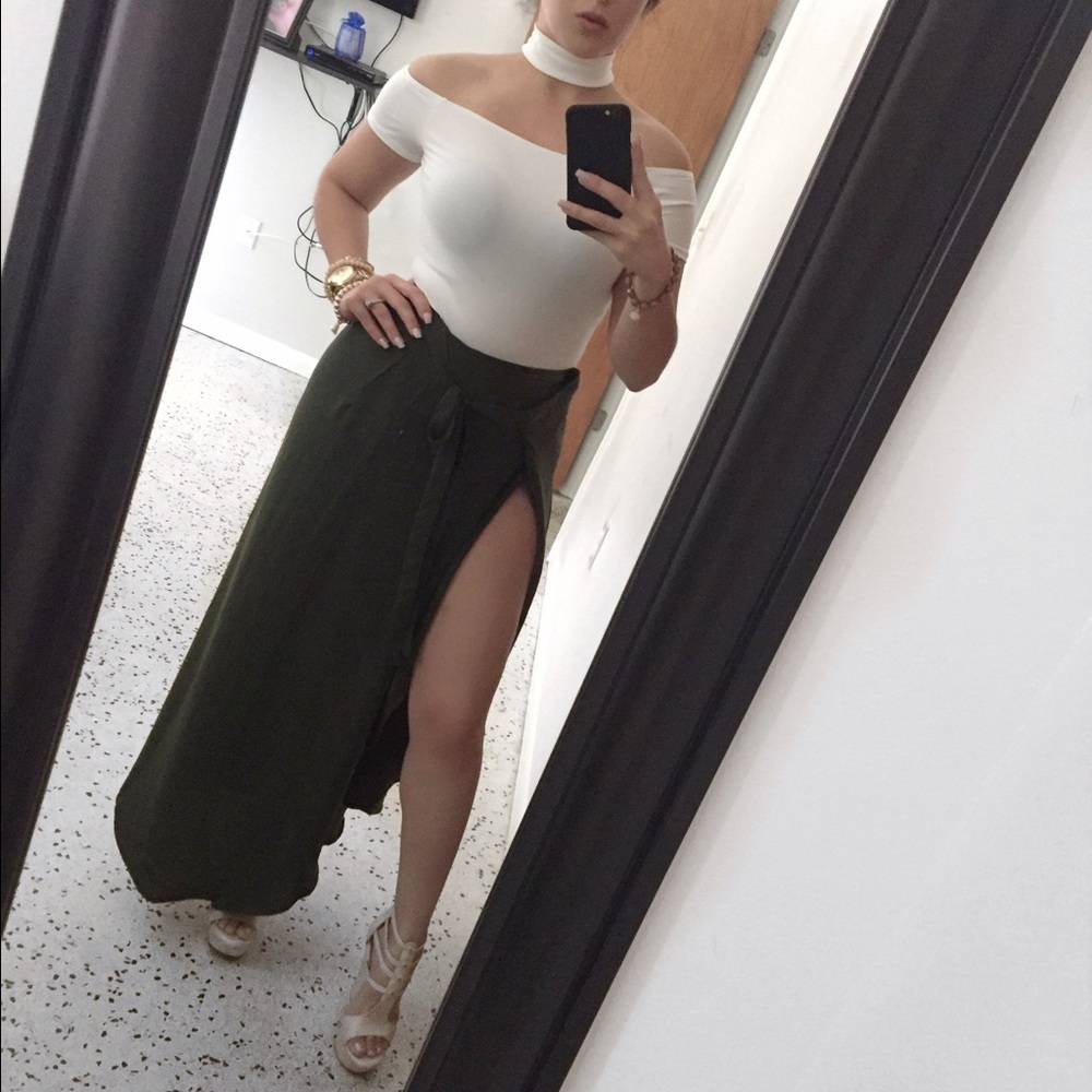 Long Olive Green Slit Maxi Skirt
