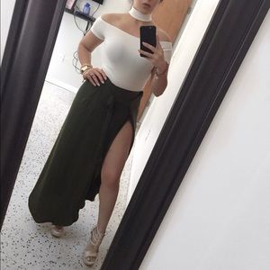 Long Olive Green Slit Maxi Skirt