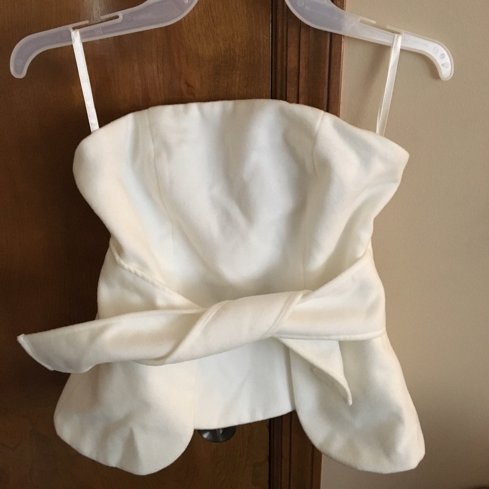 White strapless top with a tie around waist