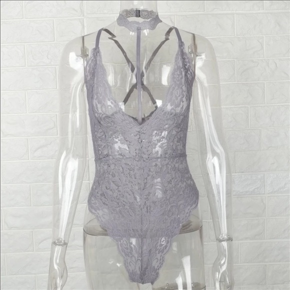 Gray lace sexy lingerie bodysuit choker - Picture 2 of 2