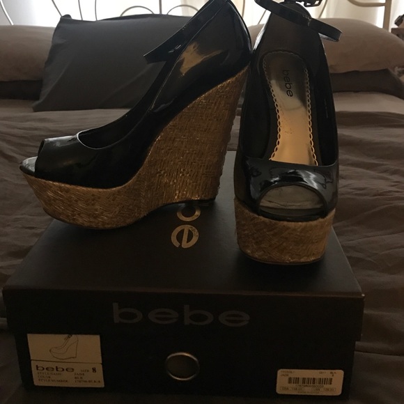 Bebe Shoes Bebe Jade Black Wedge Peep Toe Sandals Poshmark