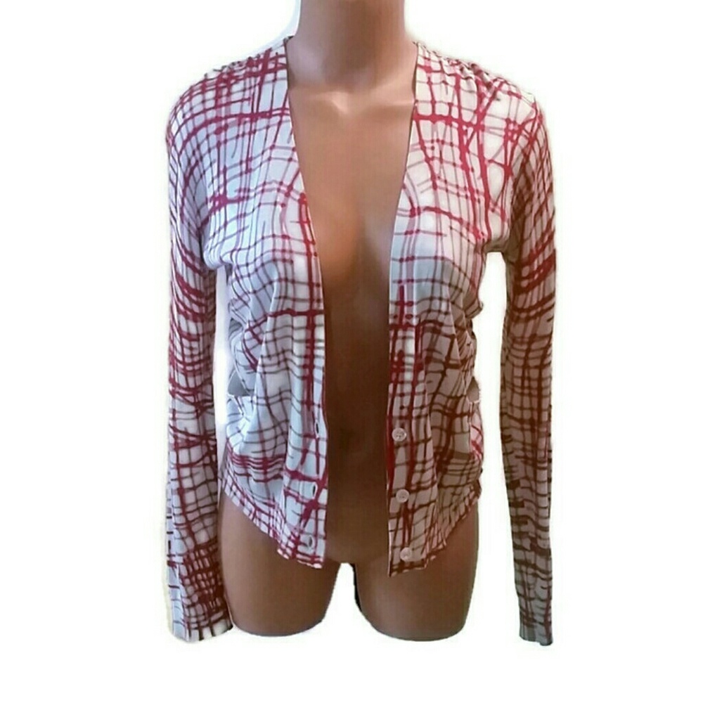 BCBG Silk Red Abstract Print Cardigan XS