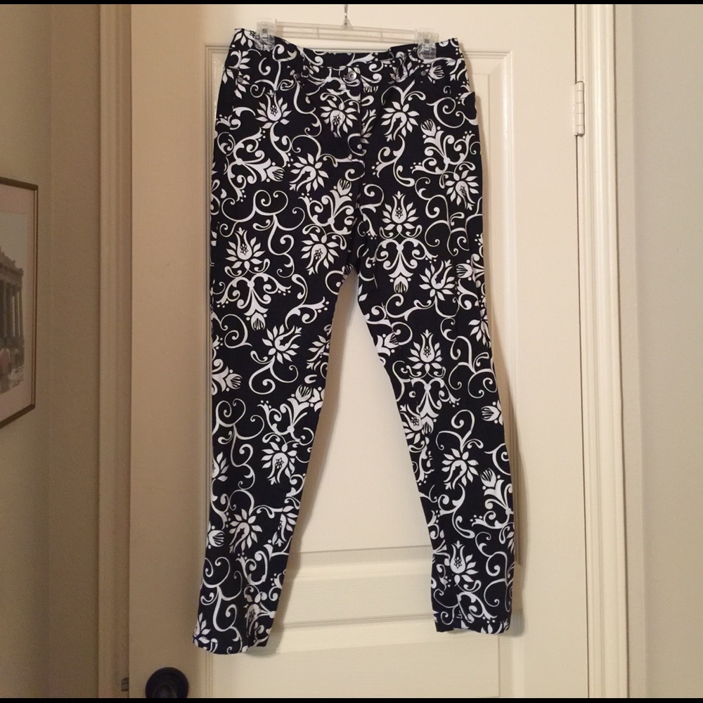 Black & white patterned jeans.