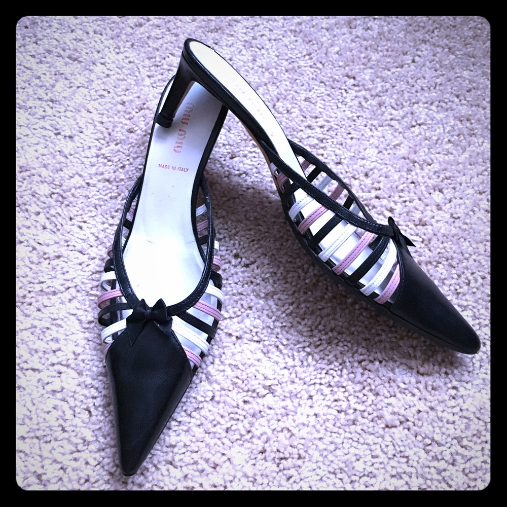 Miu Miu black, pink & white mules