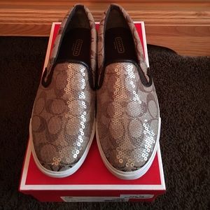 Coach sequin tan slip on sneakers