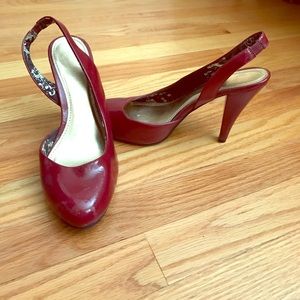 Red patten leather sling back heels