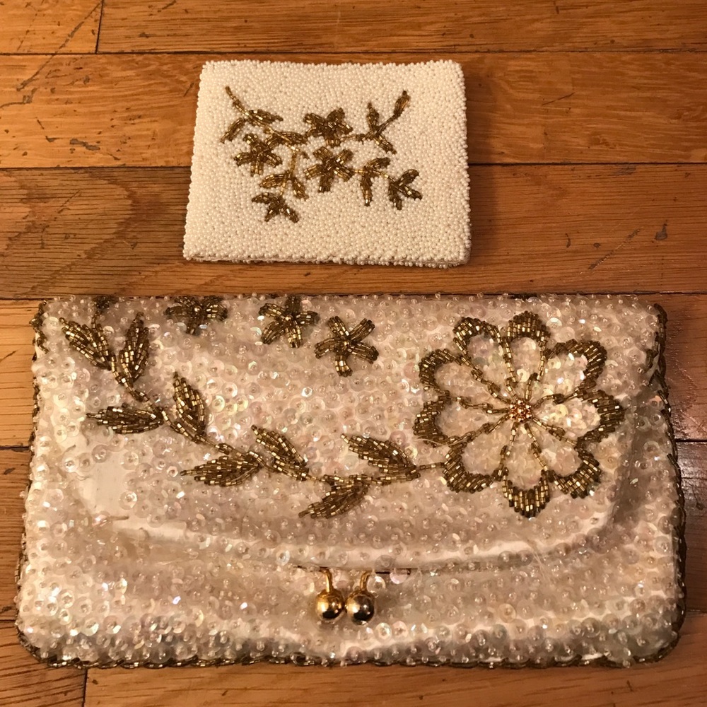 Vintage Beaded Silk Clutch and Matching Wallet
