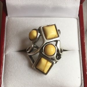 White / butterscotch amber sterling silver ring