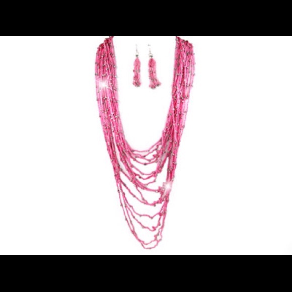 Pink with layered Silver Necklace Set. - Picture 1 of 1