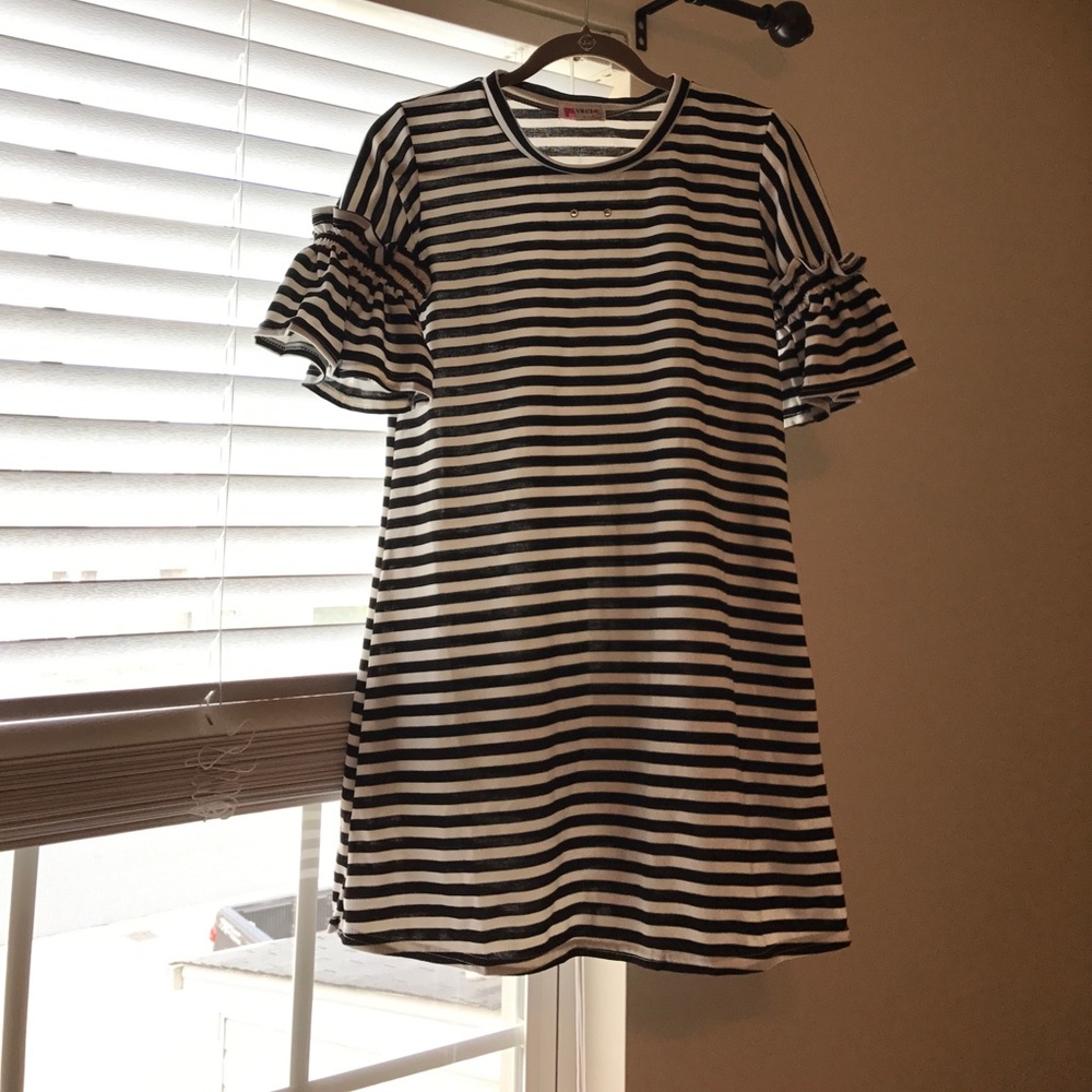 Black and white stripe dress with ruffle sleeves