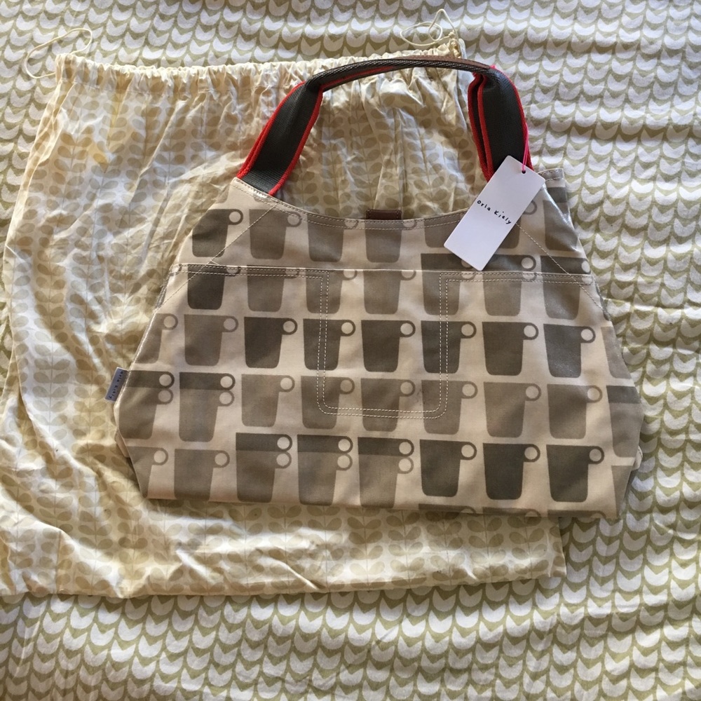Orla kiely handbag, whimsical coffee cup print.
