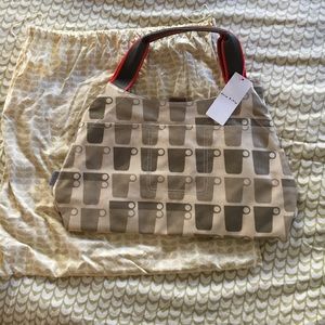 Orla kiely handbag, whimsical coffee cup print.