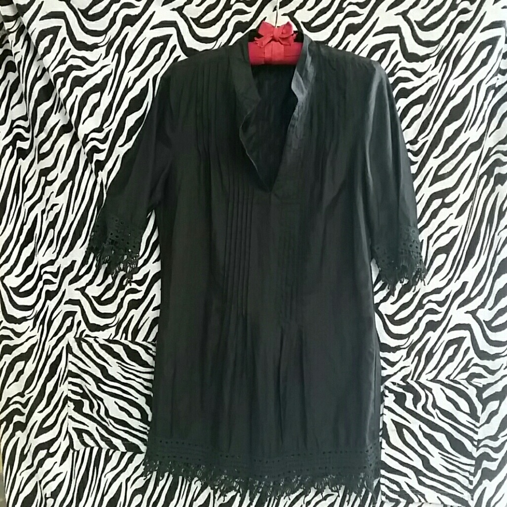 Unique BOHO Sheer Black Top with Fringe Size M