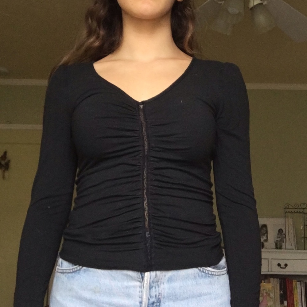 Vintage ruched-front long sleeve black shirt