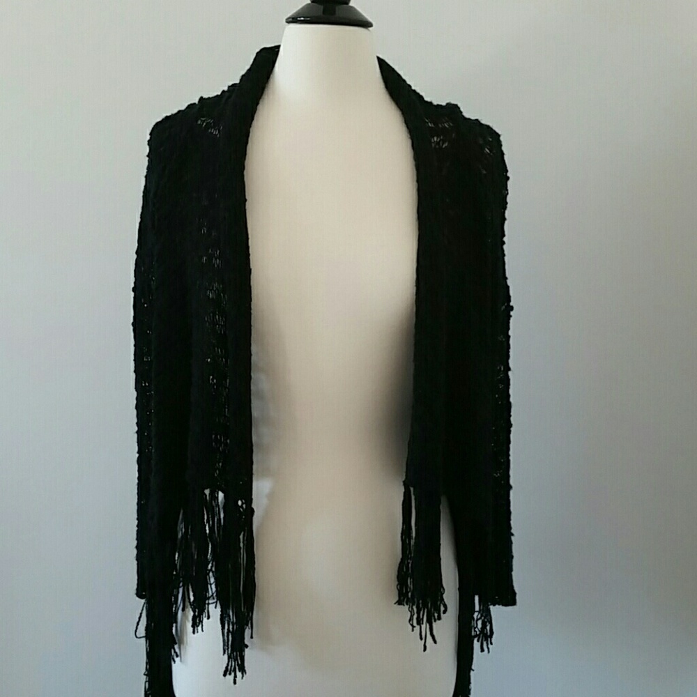 Black crochet high low jacket with fringe