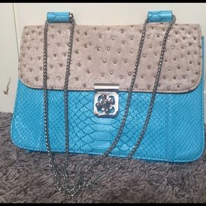 Big Buddha ostrich bag blue and cream.