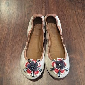 Tory Burch Canvas & Leather Floral Flats