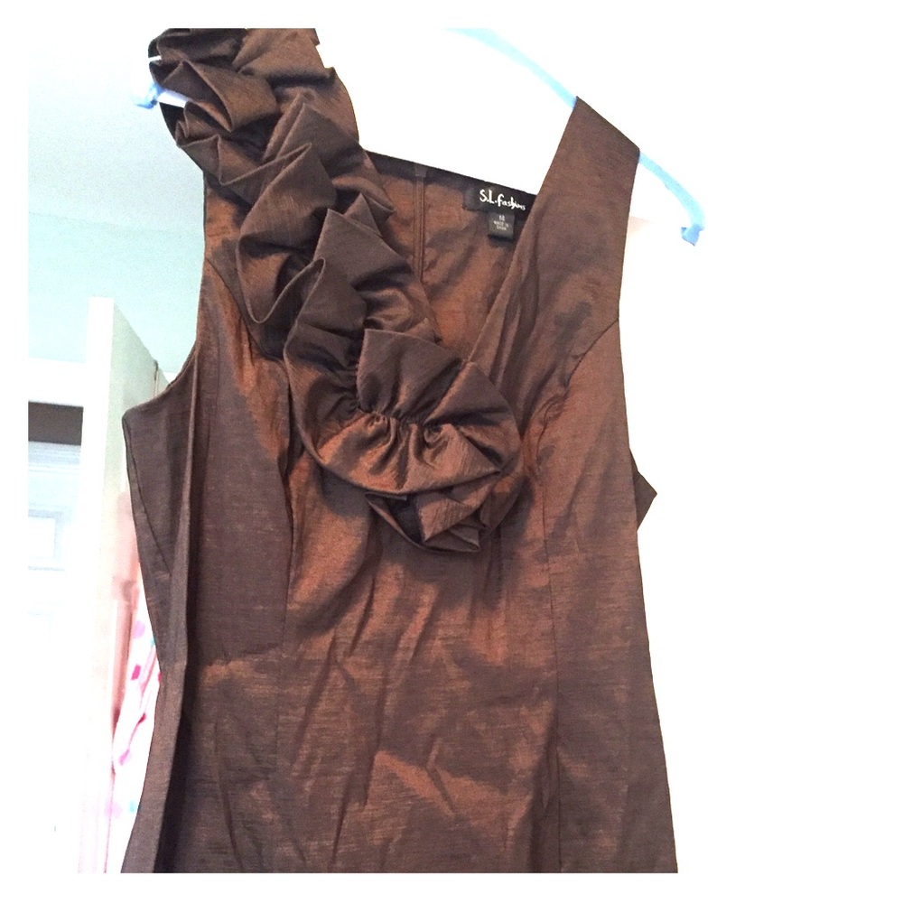 Chocolate brown dress with a ruffle on shoulder