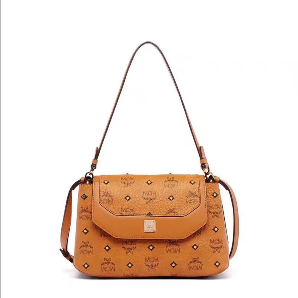 MCM Gold Visetos Small Leather Satchel