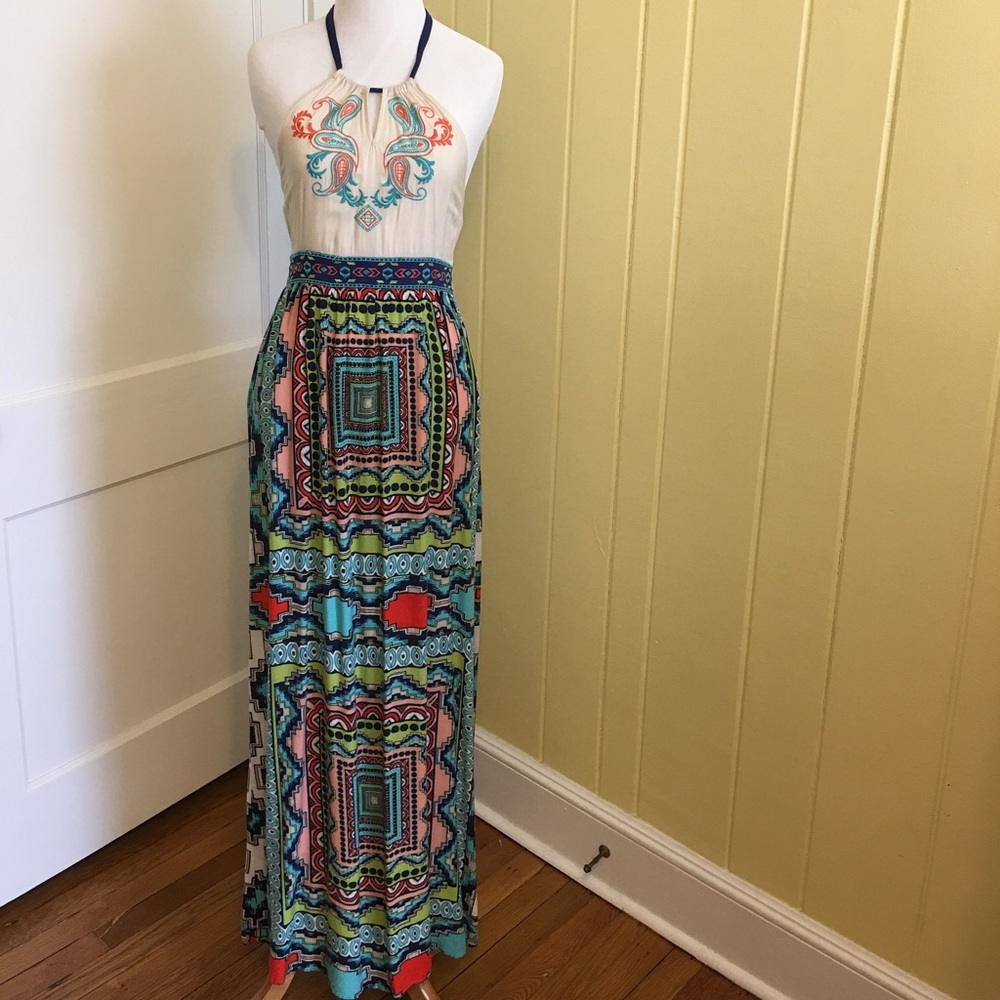 Multi-color, multi-print maxi dress