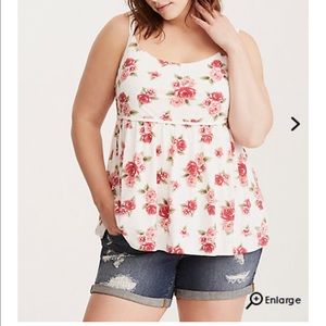 Plus Size Rose Print Braided Trim Babydoll Tank