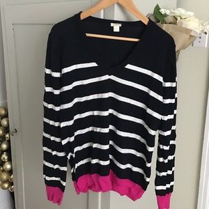 J. Crew Navy/White stripe & fuchsia trim sweater.