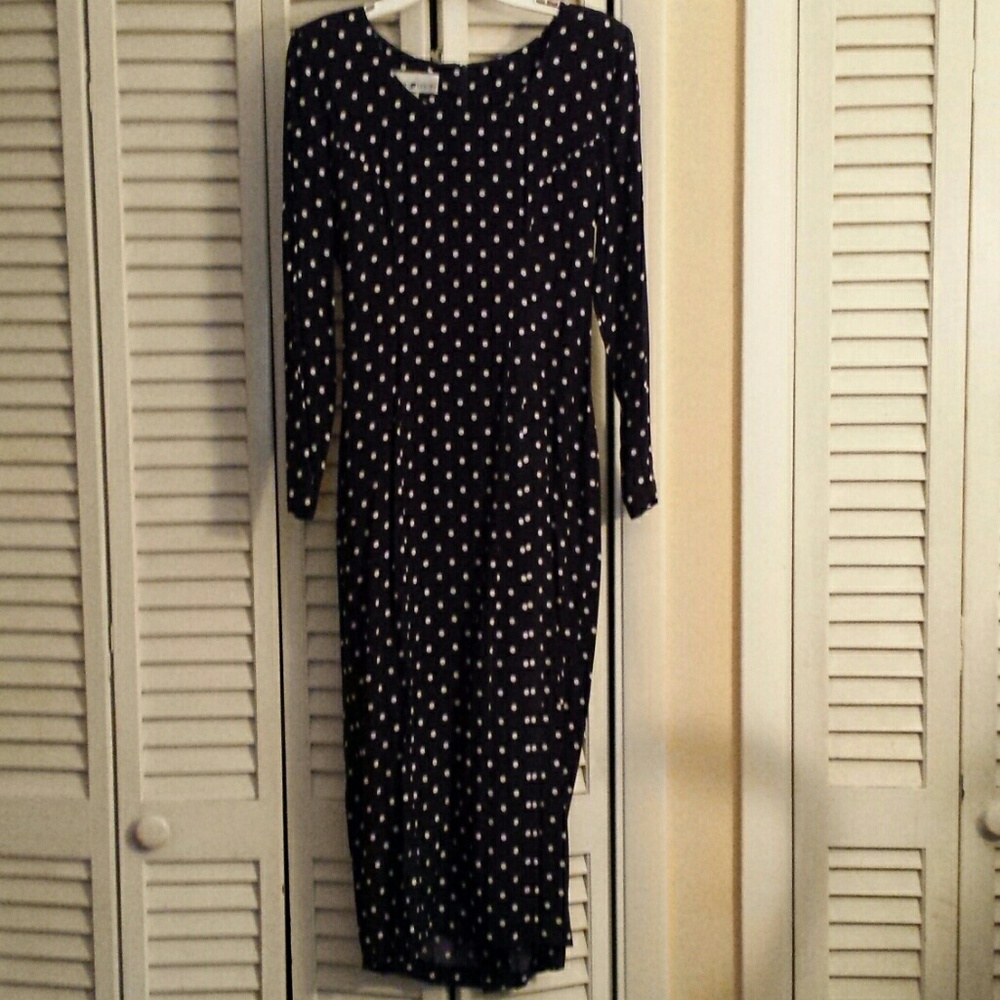 Long sleeve, navy blue & white polka dot dress