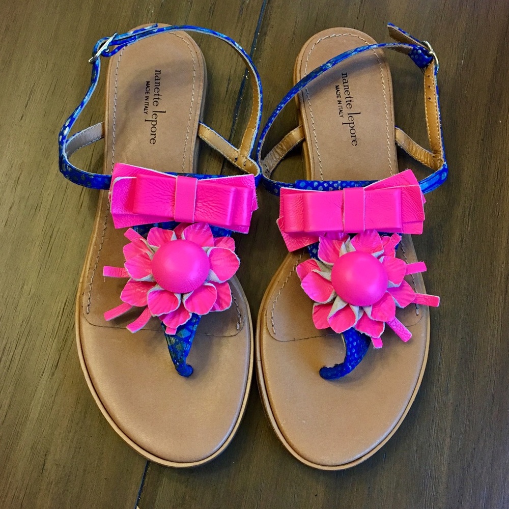Nanette Lepore Hot Pink and Blue Flower Sandals