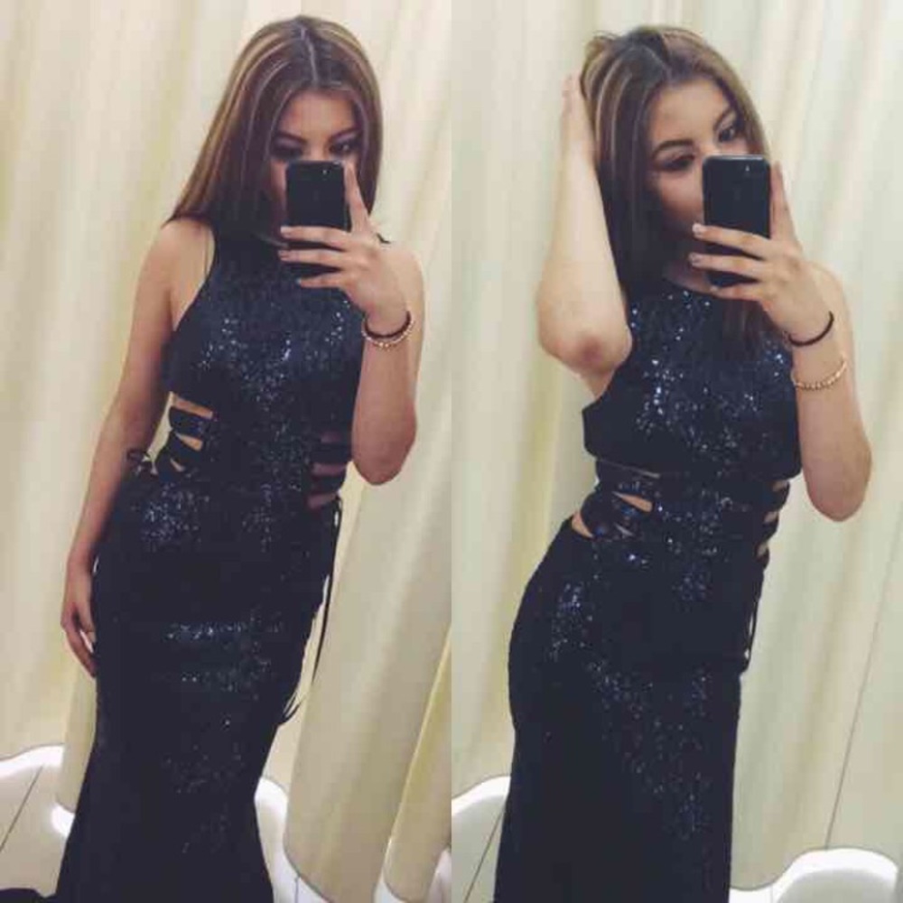 faviana navy blue sequin cut out dress