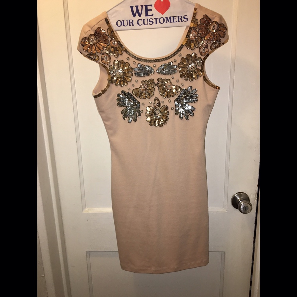 Nude embroidered mini dress