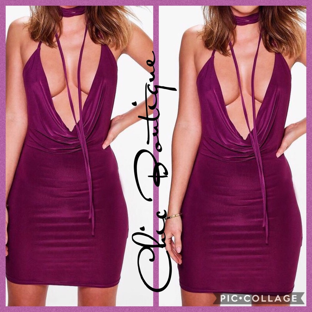 Plum front cowl dress with choker
